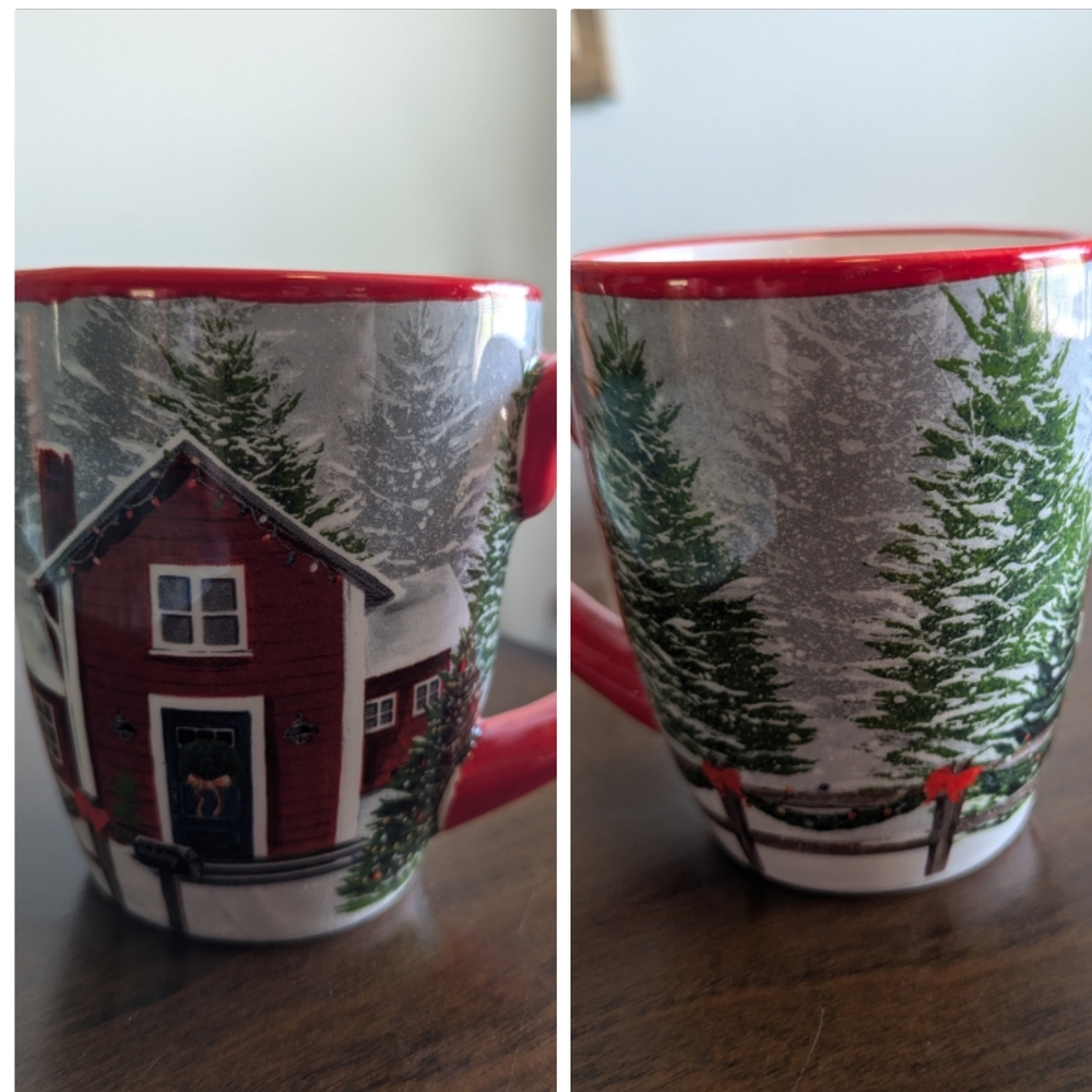 Nantucket Mug Christmas Home Coffee Snow and Christmas Trees Cozy White Red